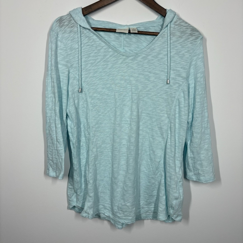 Chicos Zenergy Women Pullover Hoodie Size 1 or M Blue 100% Cotton Coastal Preppy